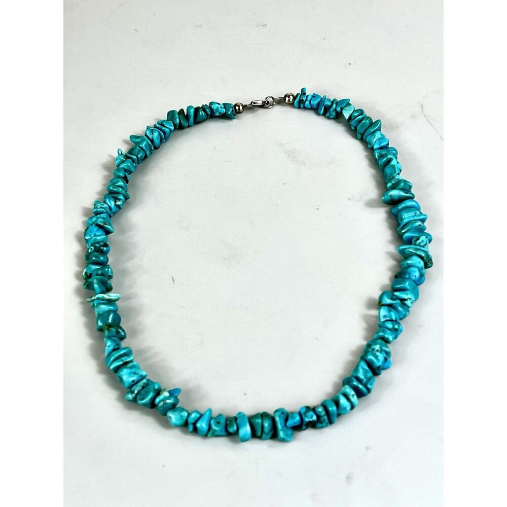 VTG Chunky Turquoise Beaded Necklace 925 Sterling Silver Fittings-18" 36.8 Grams